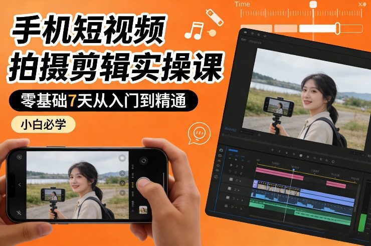 手机短视频拍摄剪辑实操课，零基础7天从入门到精通，小白必学