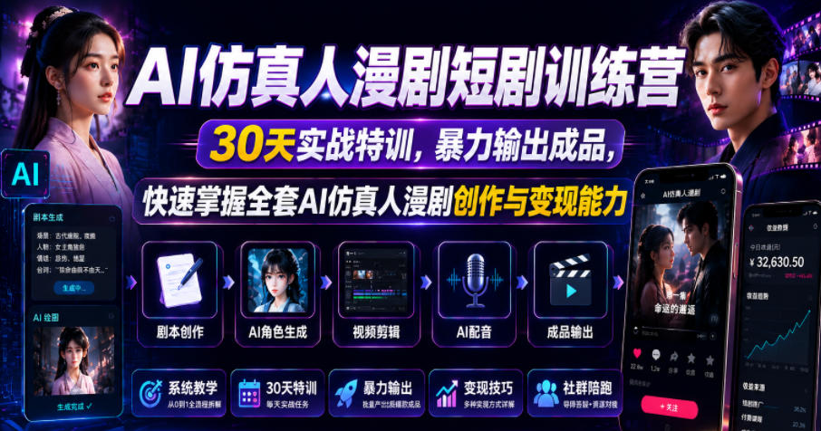 AI仿真人漫剧短剧训练营，30天实战特训，暴力输出成品，快速掌握全套AI仿真人漫剧创作与变现能力