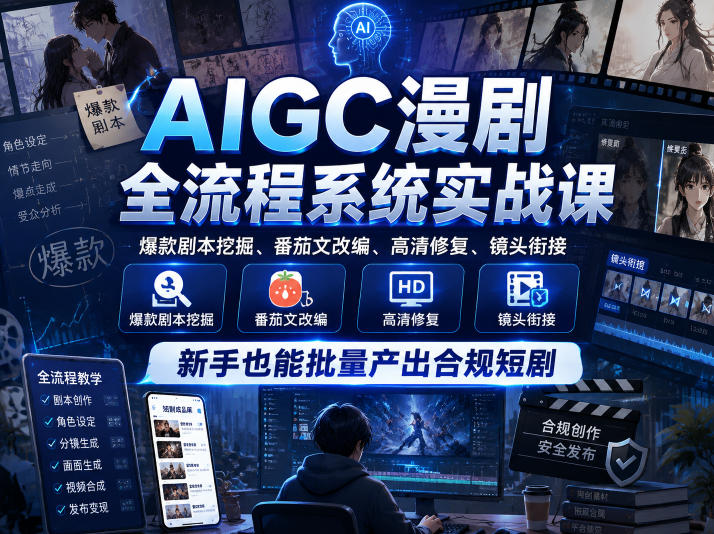 AIGC漫剧全流程系统实战课，爆款剧本挖掘、番茄文改编、高清修复、镜头衔接，新手也能批量产出合规短剧