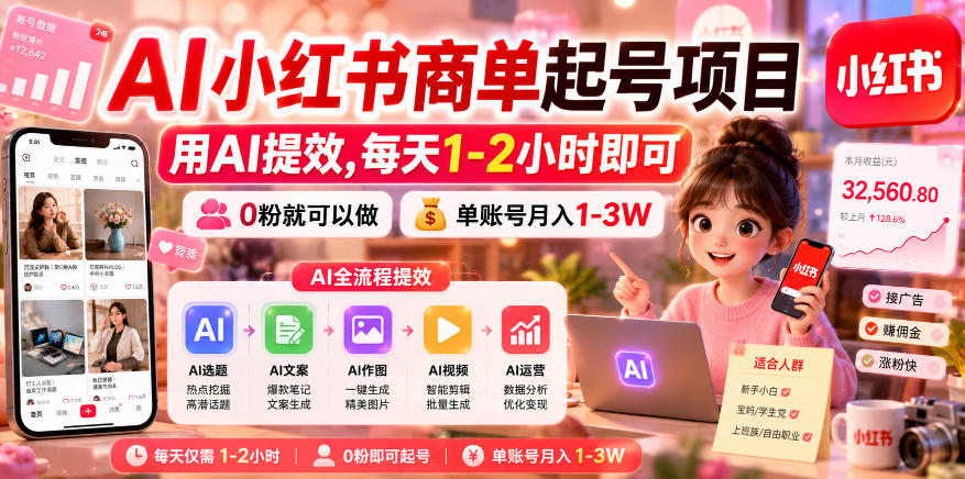 AI小红书商单起号项目，用AI提效,每天1-2小时即可，0粉就可以做，单账号月入1-3W