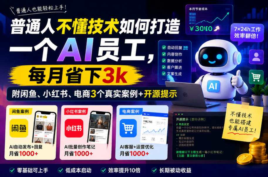 普通人不懂技术如何打造一个AI员工，每月省下3k，附闲鱼、小红书、电商3个真实案例+开源提示【文档】