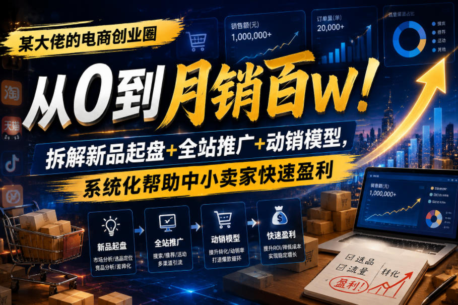 某大佬的电商创业圈从0到月销百W！拆解新品起盘+全站推广+动销模型，系统化帮助中小卖家快速盈利
