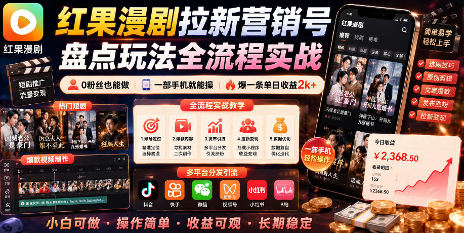 红果漫剧拉新营销号盘点玩法全流程实战，0粉丝也能做，一部手机就能做，爆一条单日收益2k+