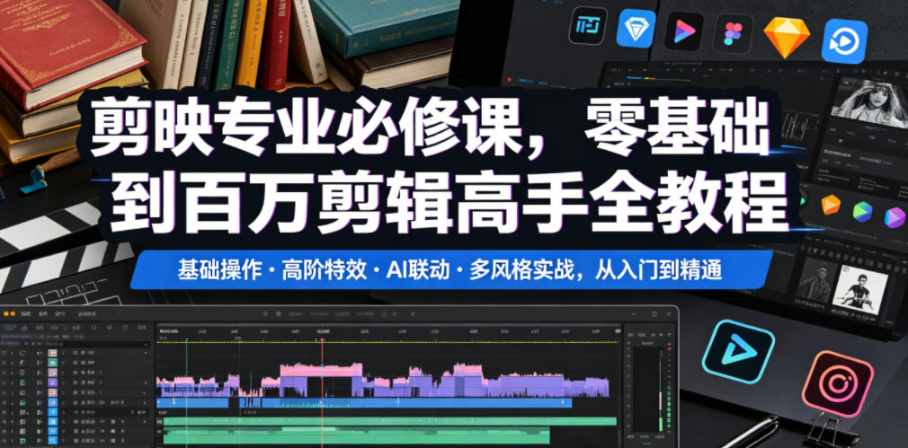 剪映专业必修课，零基础到百万剪辑高手全教程，基础操作・高阶特效・AI联动・多风格实战，从入门到精通
