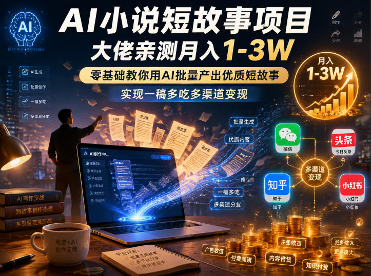 AI小说短故事项目，大佬亲测月入1-3W，零基础教你用AI批量产出优质短故事，实现一稿多吃多渠道变现（更新）