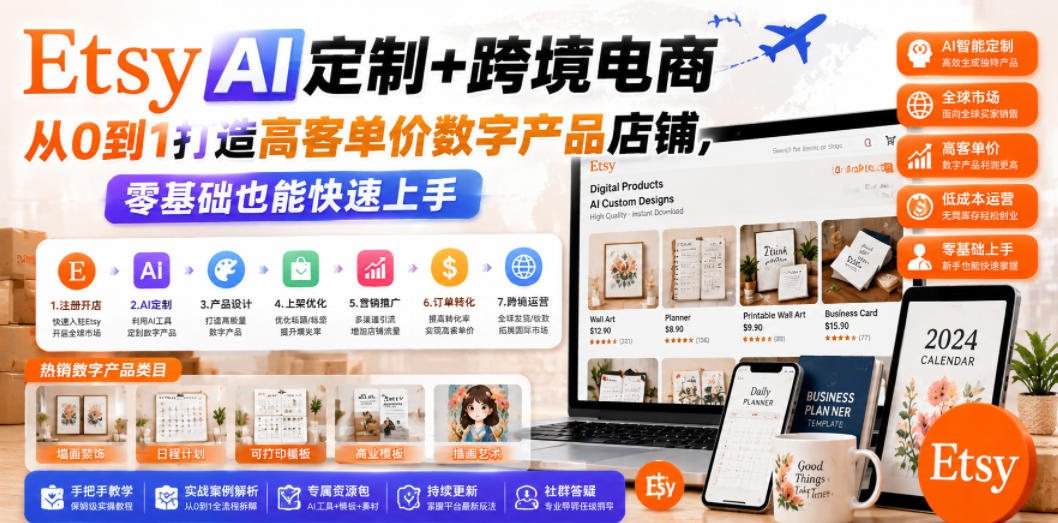 Etsy AI定制+跨境电商，从0到1打造高客单价数字产品店铺，零基础也能快速上手