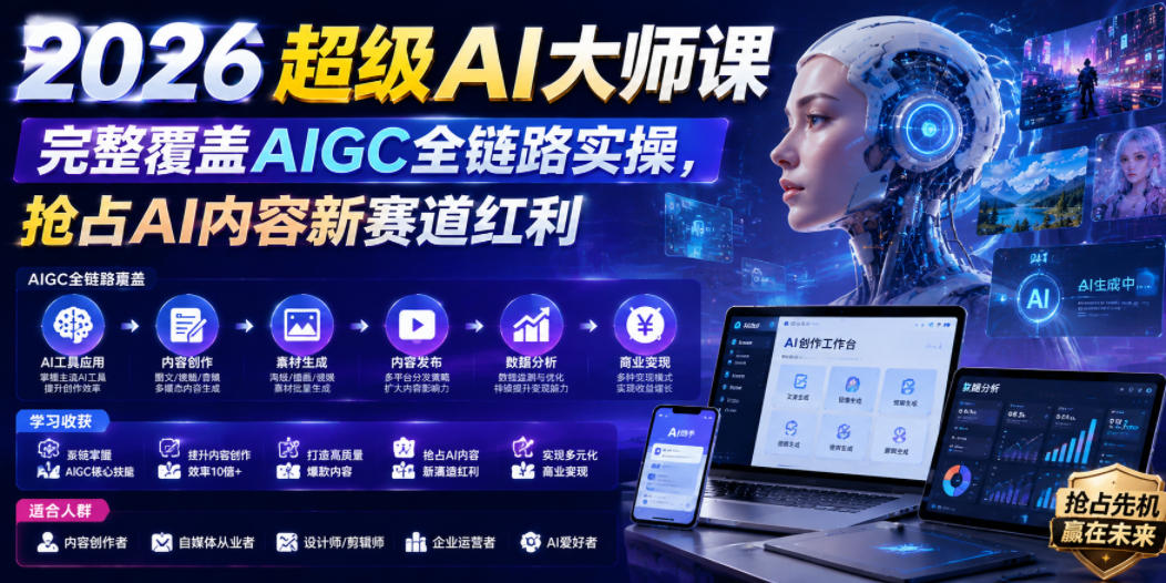 2026超级AI大师课，完整覆盖AIGC全链路实操，抢占AI内容新赛道红利