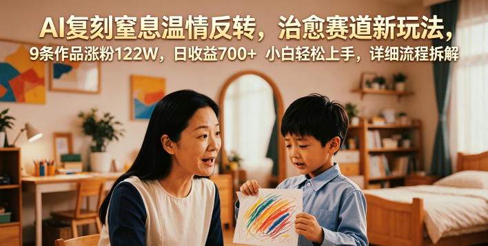 AI复刻窒息温情反转，治愈赛道新玩法，9条作品涨粉122W，日收益700+ 小白轻松上手，详细流程拆解