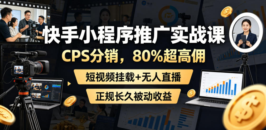 快手小程序推广实战课，CPS分销，80%超高佣，短视频挂载+无人直播，正规长久被动收益