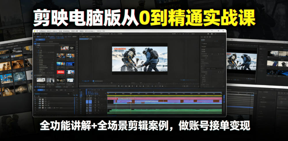 剪映电脑版从0到精通实战课，全功能讲解+全场景剪辑案例，做账号接单变现