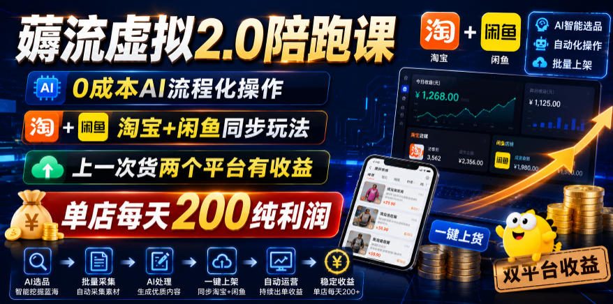 薅流虚拟2.0陪跑课,0成本AI流程化操作,淘宝+闲鱼同步玩法,上一次货两个平台有收益,单店每天200纯利润插图 薅流虚拟2.0陪跑课,0成本AI流程化操作,淘宝+闲鱼同步玩法,上一次货两个平台有收益,单店每天200纯利润