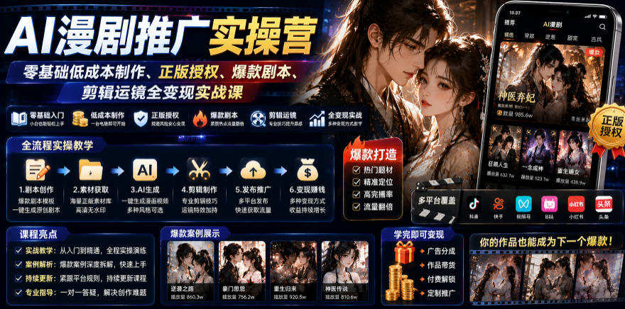 AI漫剧推广实操营｜零基础低成本制作、正版授权、爆款剧本、剪辑运镜全变现实战课