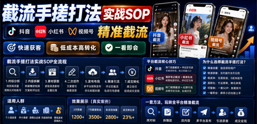 截流手搓打法实战SOP，抖音小红书视频号精准截流，快速获客，低成本高转化，一看即会