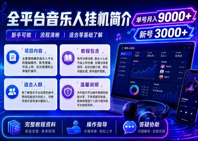 全平台音乐类挂G,单机单号月入9000+,可矩阵,可工作室放大操作【揭秘】插图 全平台音乐类挂G,单机单号月入9000+,可矩阵,可工作室放大操作【揭秘】