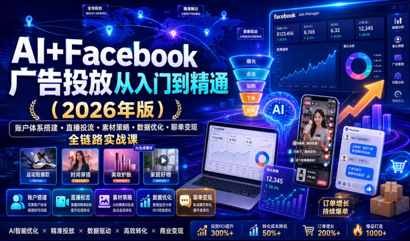 AI+Facebook广告投放从入门到精通(2026年版)|账户体系搭建・直播投流・素材策略・数据优化・聊单变现全链路实战课插图 AI+Facebook广告投放从入门到精通(2026年版)|账户体系搭建・直播投流・素材策略・数据优化・聊单变现全链路实战课