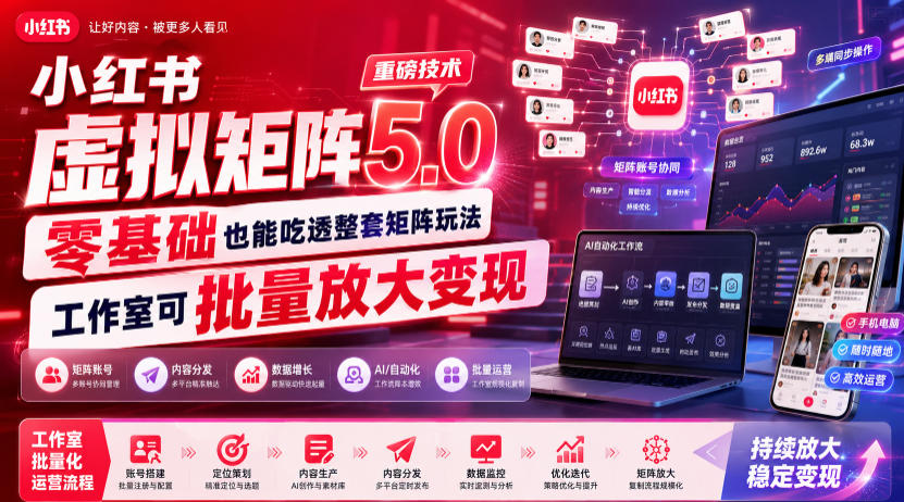 小红书虚拟矩阵5.0重磅技术，零基础也能吃透整套矩阵玩法，工作室可批量放大变现