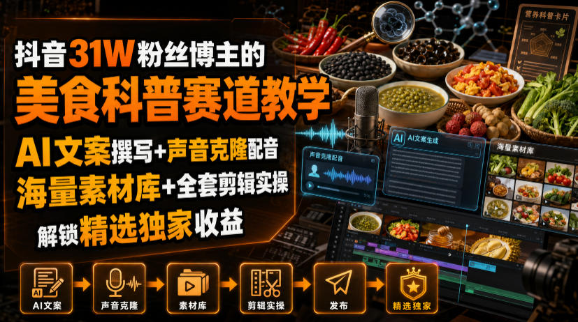 抖音31W粉丝博主的美食科普赛道教学,AI文案撰写+声音克隆配音+剪辑实操,解锁精选独家收益插图 抖音31W粉丝博主的美食科普赛道教学,AI文案撰写+声音克隆配音+剪辑实操,解锁精选独家收益