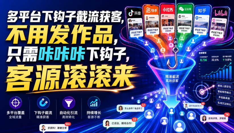 多平台下钩子截流获客，不用发作品，只需咔咔咔下钩子，客源滚滚来