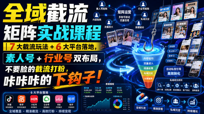全域截流矩阵实战课程｜7大截流玩法+6大平台落地，素人号+行业号双布局，不要脸的截流打粉，咔咔咔的下钩子！