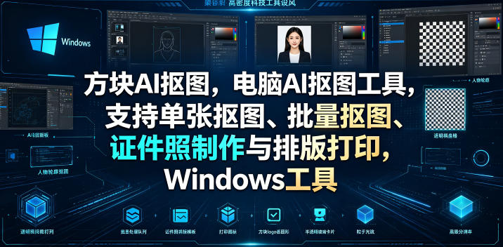 方块AI抠图，电脑AI抠图工具，支持单张抠图、批量抠图、证件照制作与排版打印，Windows工具