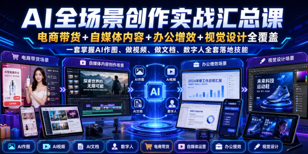 AI全场景创作实战汇总课|电商带货+自媒体内容+办公增效+视觉设计全覆盖,一套掌握AI作图、做视频、做文档、数字人全套落地技能插图 AI全场景创作实战汇总课|电商带货+自媒体内容+办公增效+视觉设计全覆盖,一套掌握AI作图、做视频、做文档、数字人全套落地技能