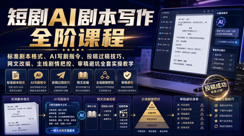短剧AI剧本写作全阶课程|标准剧本格式、AI写剧指令、投稿过稿技巧、网文改编、主线剧情把控、审稿避坑全套实操教学插图 短剧AI剧本写作全阶课程|标准剧本格式、AI写剧指令、投稿过稿技巧、网文改编、主线剧情把控、审稿避坑全套实操教学