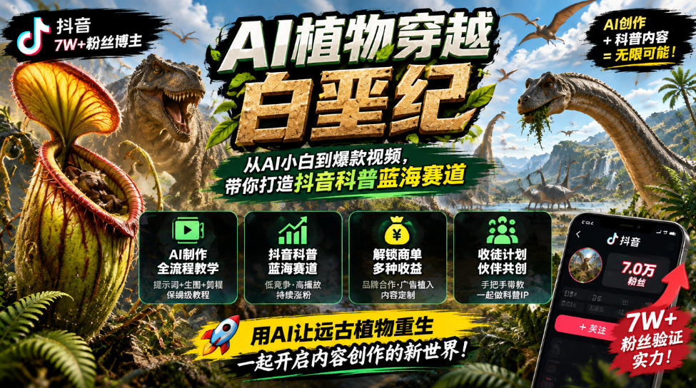 抖音7W粉丝博主的AI植物穿越白垩纪教学,抖音科普蓝海赛道,解锁商单收徒伙伴计划等多种收益插图 抖音7W粉丝博主的AI植物穿越白垩纪教学,抖音科普蓝海赛道,解锁商单收徒伙伴计划等多种收益