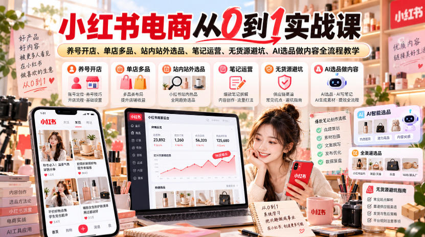 小红书电商从0到1实战课|养号开店、单店多品、站内站外选品、笔记运营、无货源避坑、AI选品做内容全流程教学插图 小红书电商从0到1实战课|养号开店、单店多品、站内站外选品、笔记运营、无货源避坑、AI选品做内容全流程教学