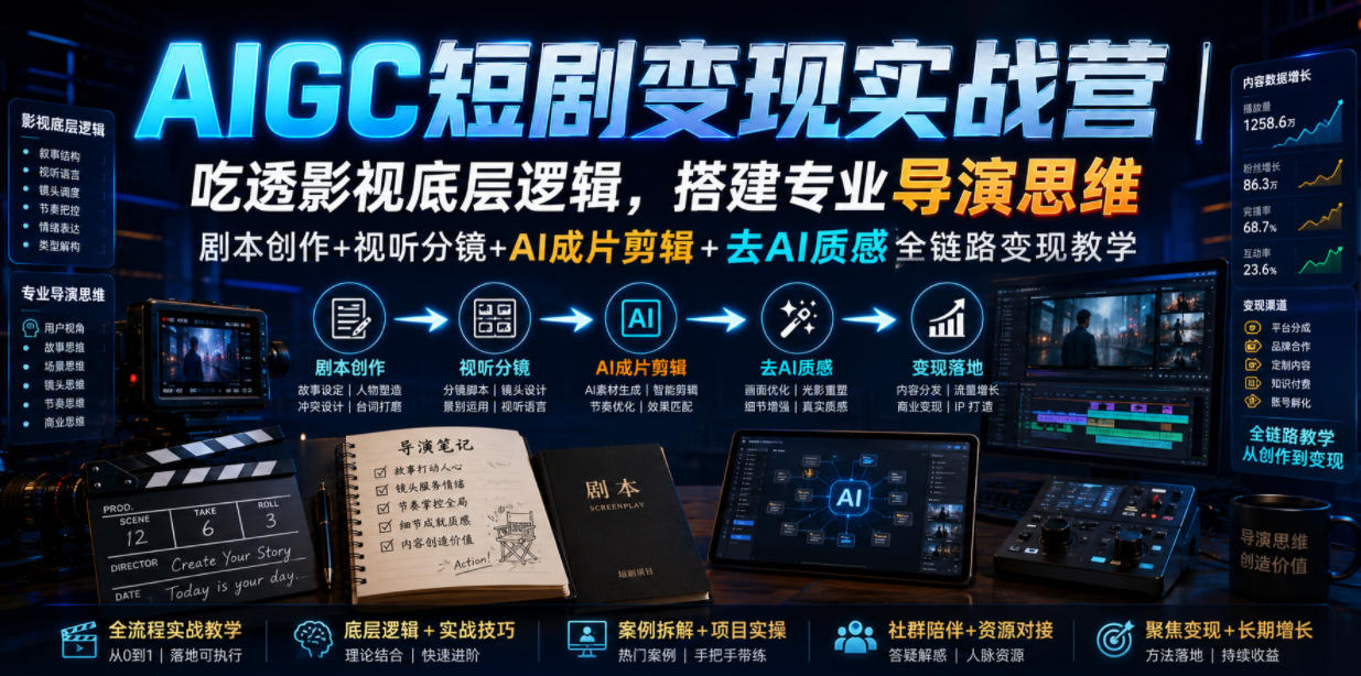 AIGC短剧变现实战营|吃透影视底层逻辑,搭建专业导演思维,剧本创作+视听分镜+AI成片剪辑+去AI质感全链路变现教学插图 AIGC短剧变现实战营|吃透影视底层逻辑,搭建专业导演思维,剧本创作+视听分镜+AI成片剪辑+去AI质感全链路变现教学