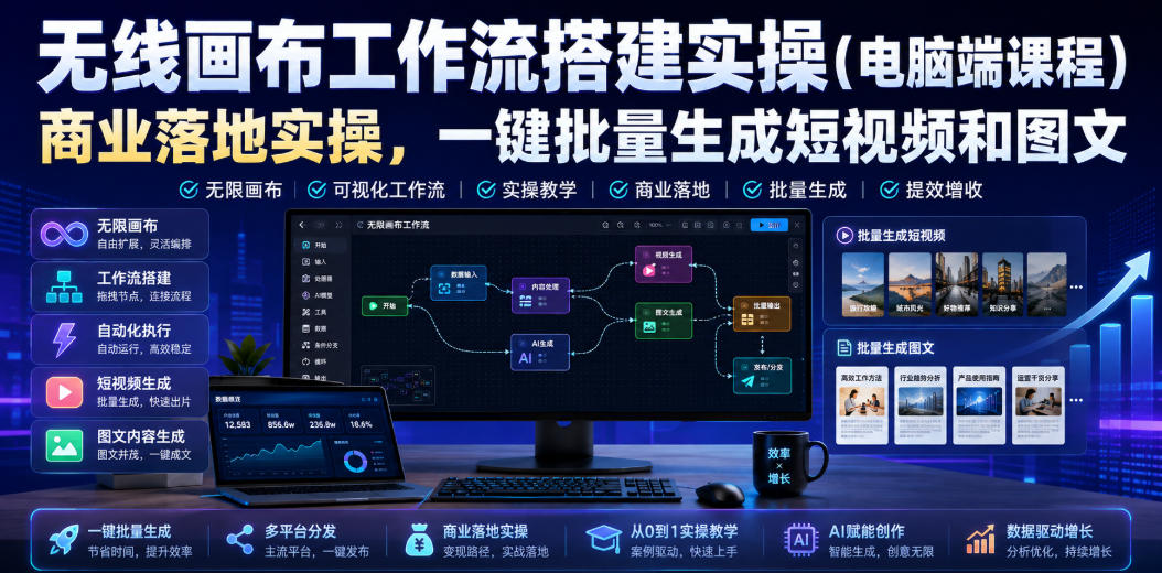 无线画布工作流搭建实操(电脑端课程),商业落地实操,一键批量生成短视频和图文插图 无线画布工作流搭建实操(电脑端课程),商业落地实操,一键批量生成短视频和图文