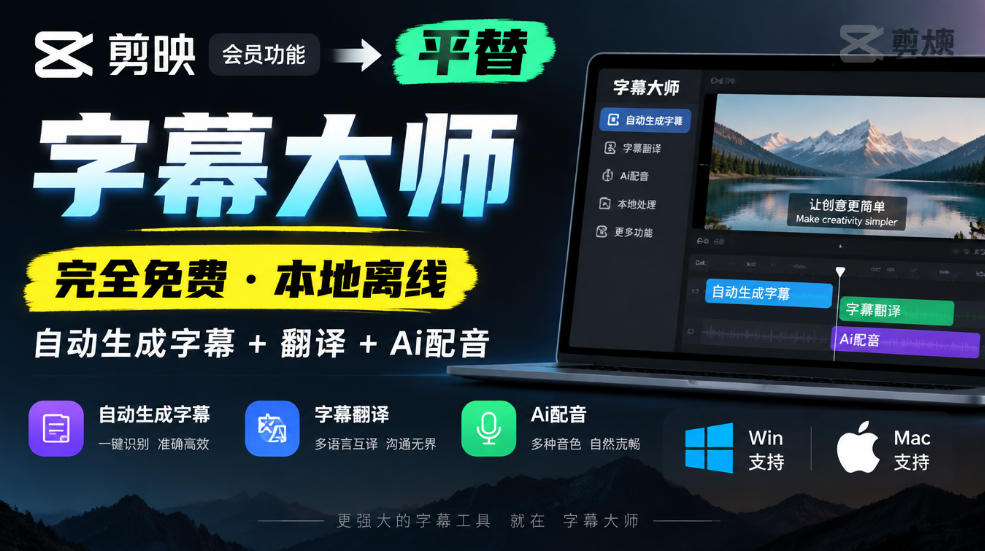 剪映会员功能平替,字幕大师完全免费本地离线,支持自动生成字幕+翻译+Ai配音,Win和Mac都支持!插图 剪映会员功能平替,字幕大师完全免费本地离线,支持自动生成字幕+翻译+Ai配音,Win和Mac都支持!