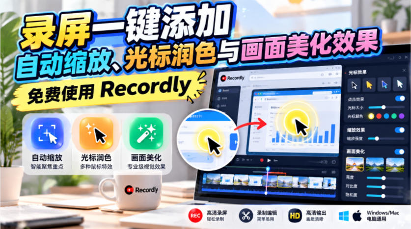 录屏一键添加自动缩放、光标润色与画面美化效果,免费使用Recordly插图 录屏一键添加自动缩放、光标润色与画面美化效果,免费使用Recordly