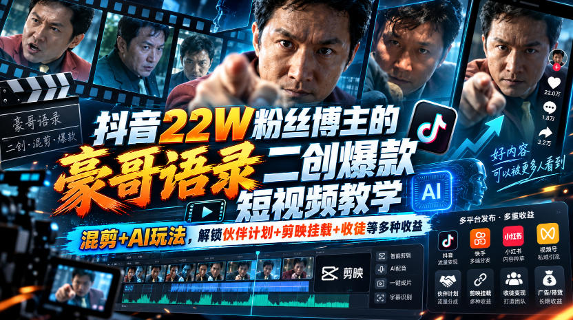 抖音22W粉丝博主的豪哥语录二创爆款短视频教学,混剪+AI玩法,解锁伙伴计划+剪映挂载+收徒等多种收益插图 抖音22W粉丝博主的豪哥语录二创爆款短视频教学,混剪+AI玩法,解锁伙伴计划+剪映挂载+收徒等多种收益