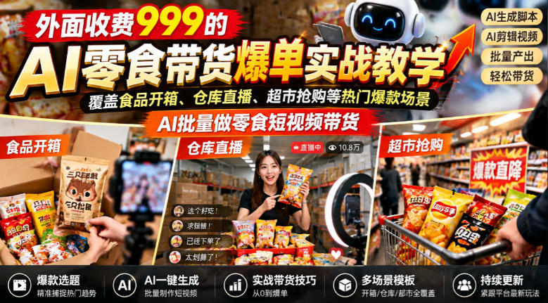 外面收费999的AI零食带货爆单实战教学,覆盖食品开箱、仓库直播、超市抢购等热门爆款场景,AI批量做零食短视频带货插图 外面收费999的AI零食带货爆单实战教学,覆盖食品开箱、仓库直播、超市抢购等热门爆款场景,AI批量做零食短视频带货