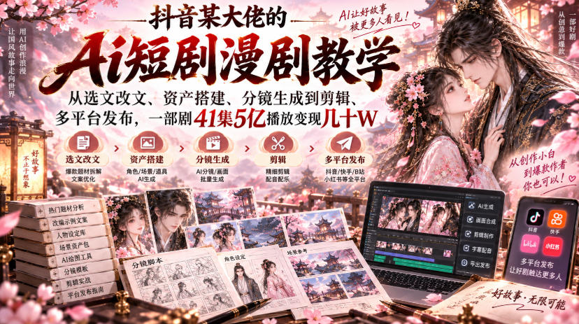 抖音某大佬的Ai短剧漫剧教学,从选文改文、资产搭建、分镜生成到剪辑、多平台发布,一部剧41集5亿播放变现几十W插图 抖音某大佬的Ai短剧漫剧教学,从选文改文、资产搭建、分镜生成到剪辑、多平台发布,一部剧41集5亿播放变现几十W