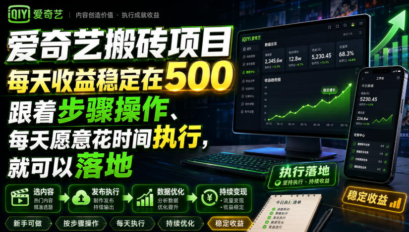 爱奇艺搬砖项目,每天收益稳定在500,跟着步骤操作、每天愿意花时间执行,就可以落地插图 爱奇艺搬砖项目,每天收益稳定在500,跟着步骤操作、每天愿意花时间执行,就可以落地