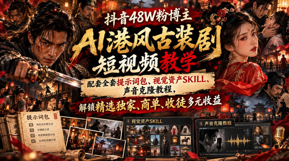 抖音48W粉博主AI港风古装剧短视频教学,配套全套提示词包、视觉资产SKILL、声音克隆教程,解锁精选独家、商单、收徒多元收益插图 抖音48W粉博主AI港风古装剧短视频教学,配套全套提示词包、视觉资产SKILL、声音克隆教程,解锁精选独家、商单、收徒多元收益