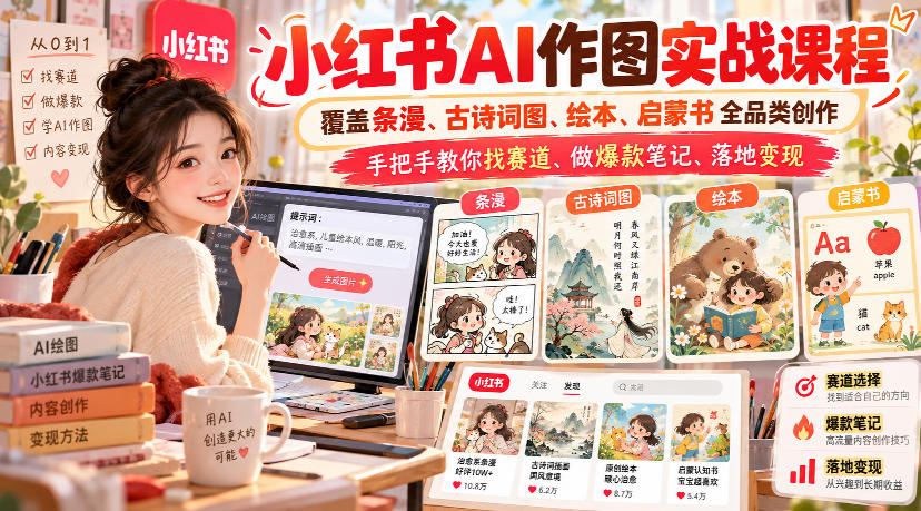 小红书AI作图实战课程,覆盖条漫、古诗词图、绘本、启蒙书全品类创作,手把手教你找赛道、做爆款笔记、落地变现插图 小红书AI作图实战课程,覆盖条漫、古诗词图、绘本、启蒙书全品类创作,手把手教你找赛道、做爆款笔记、落地变现