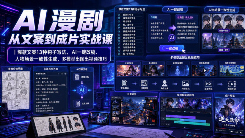 AI漫剧从文案到成片实战课|爆款文案13种钩子写法、AI一键改稿、人物场景一致性生成、多模型出图出视频技巧插图 AI漫剧从文案到成片实战课|爆款文案13种钩子写法、AI一键改稿、人物场景一致性生成、多模型出图出视频技巧
