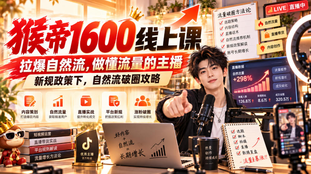 猴帝1600线上课,拉爆自然流,做懂流量的主播,新规政策下,自然流破圈攻略【更新261002】插图 猴帝1600线上课,拉爆自然流,做懂流量的主播,新规政策下,自然流破圈攻略【更新261002】