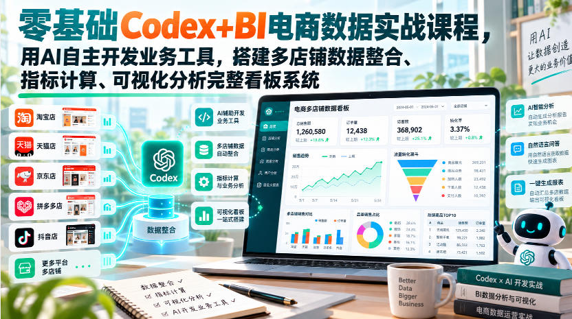 零基础Codex+BI电商数据实战课程,用AI自主开发业务工具,搭建多店铺数据整合、指标计算、可视化分析完整看板系统插图 零基础Codex+BI电商数据实战课程,用AI自主开发业务工具,搭建多店铺数据整合、指标计算、可视化分析完整看板系统