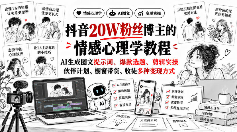 抖音20W粉丝博主静候心声的情感心理学教程,AI生成图文提示词、爆款选题、剪辑实操,伙伴计划、橱窗带货、收徒多种变现方式插图 抖音20W粉丝博主静候心声的情感心理学教程,AI生成图文提示词、爆款选题、剪辑实操,伙伴计划、橱窗带货、收徒多种变现方式