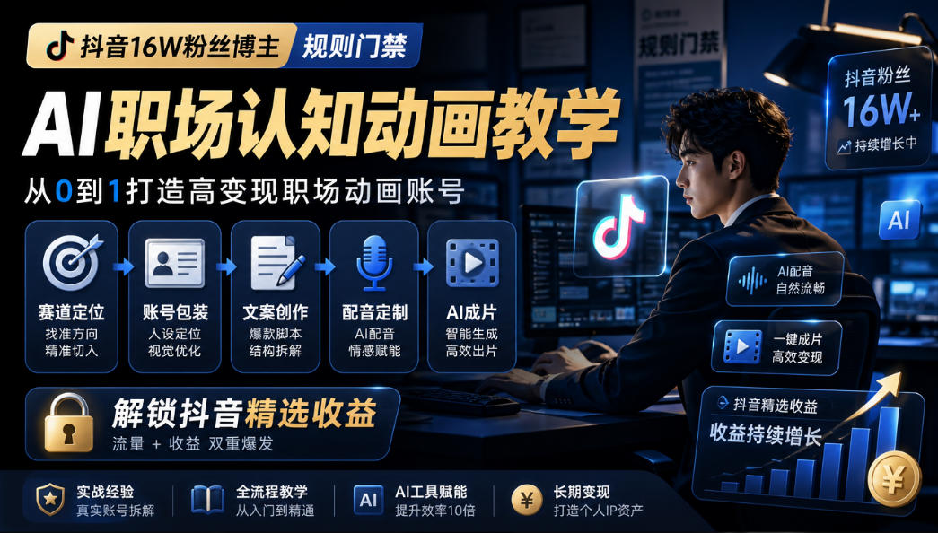 抖音16W粉丝博主规则门禁的AI职场认知动画教学,从赛道定位、账号包装,到文案创作、配音定制、AI成片,解锁抖音精选收益插图 抖音16W粉丝博主规则门禁的AI职场认知动画教学,从赛道定位、账号包装,到文案创作、配音定制、AI成片,解锁抖音精选收益