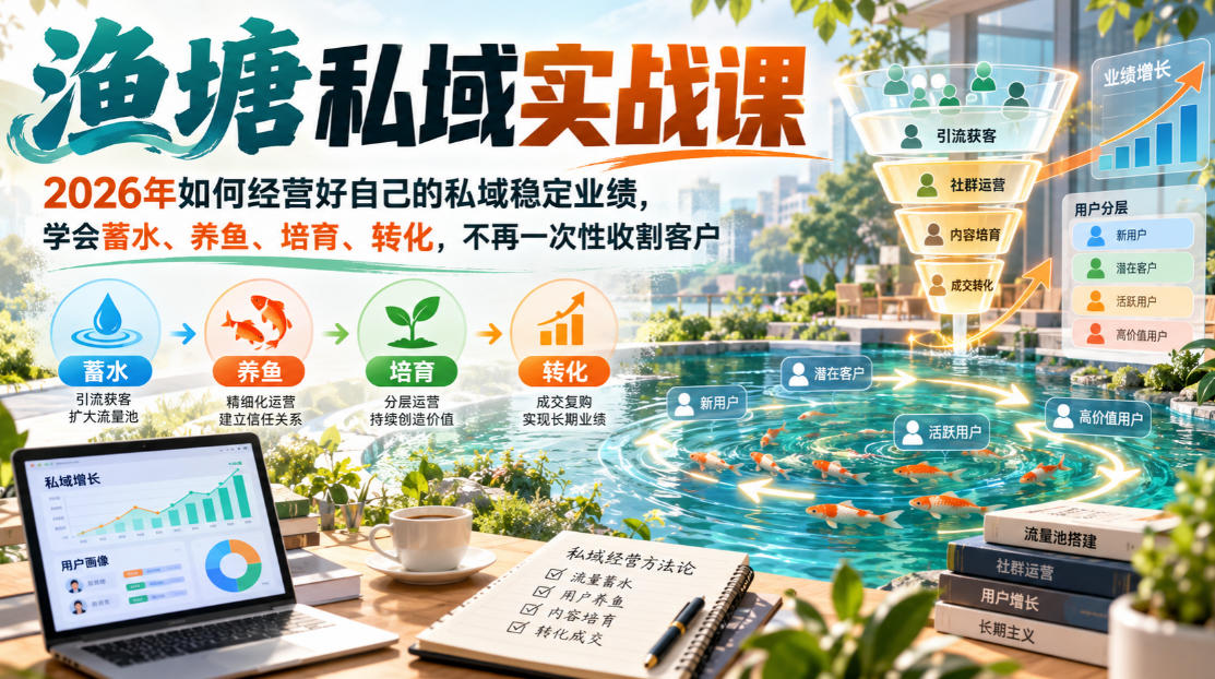 渔塘私域实战课,2026年如何经营好自己的私域稳定业绩,学会蓄水、养鱼、培育、转化,不再一次性收割客户插图 渔塘私域实战课,2026年如何经营好自己的私域稳定业绩,学会蓄水、养鱼、培育、转化,不再一次性收割客户
