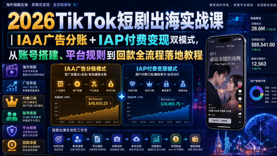 2026TikTok短剧出海实战课|IAA广告分账+IAP付费变现双模式,从账号搭建、平台规则到回款全流程落地教程插图 2026TikTok短剧出海实战课|IAA广告分账+IAP付费变现双模式,从账号搭建、平台规则到回款全流程落地教程