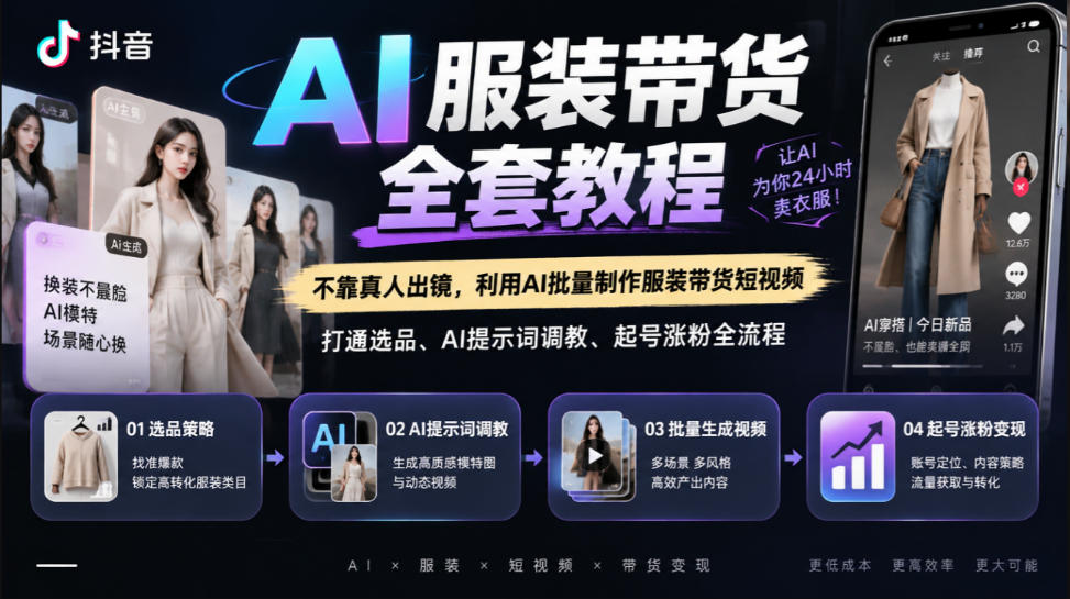 抖音AI服装带货全套教程,不靠真人出镜,利用AI批量制作服装带货短视频,打通选品、AI提示词调教、起号涨粉全流程插图 抖音AI服装带货全套教程,不靠真人出镜,利用AI批量制作服装带货短视频,打通选品、AI提示词调教、起号涨粉全流程